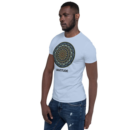 Unisex Softstyle T-Shirt (mandala green and gold rim | on front | GRATITUDE in black lettering)