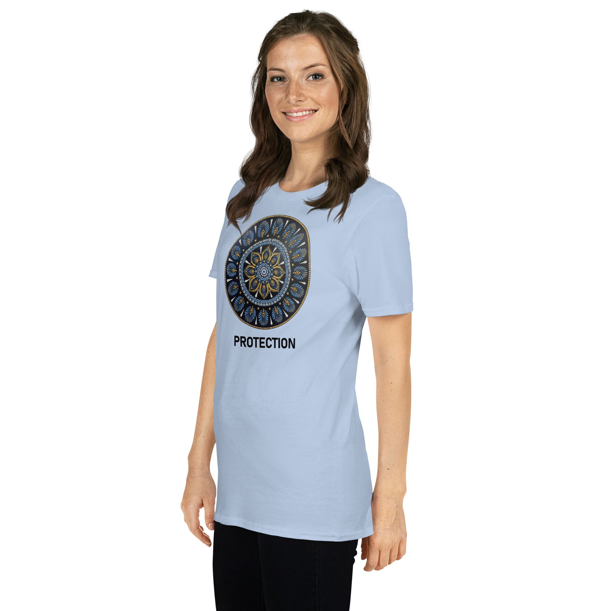 Unisex Softstyle T-Shirt (mandala with gold outer rim | on front | PROTECTION in black lettering)