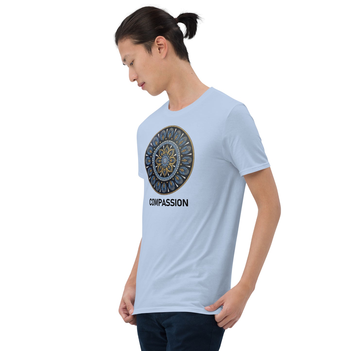 Unisex Softstyle T-Shirt (mandala with gold rim | on front | COMPASSION in black lettering)