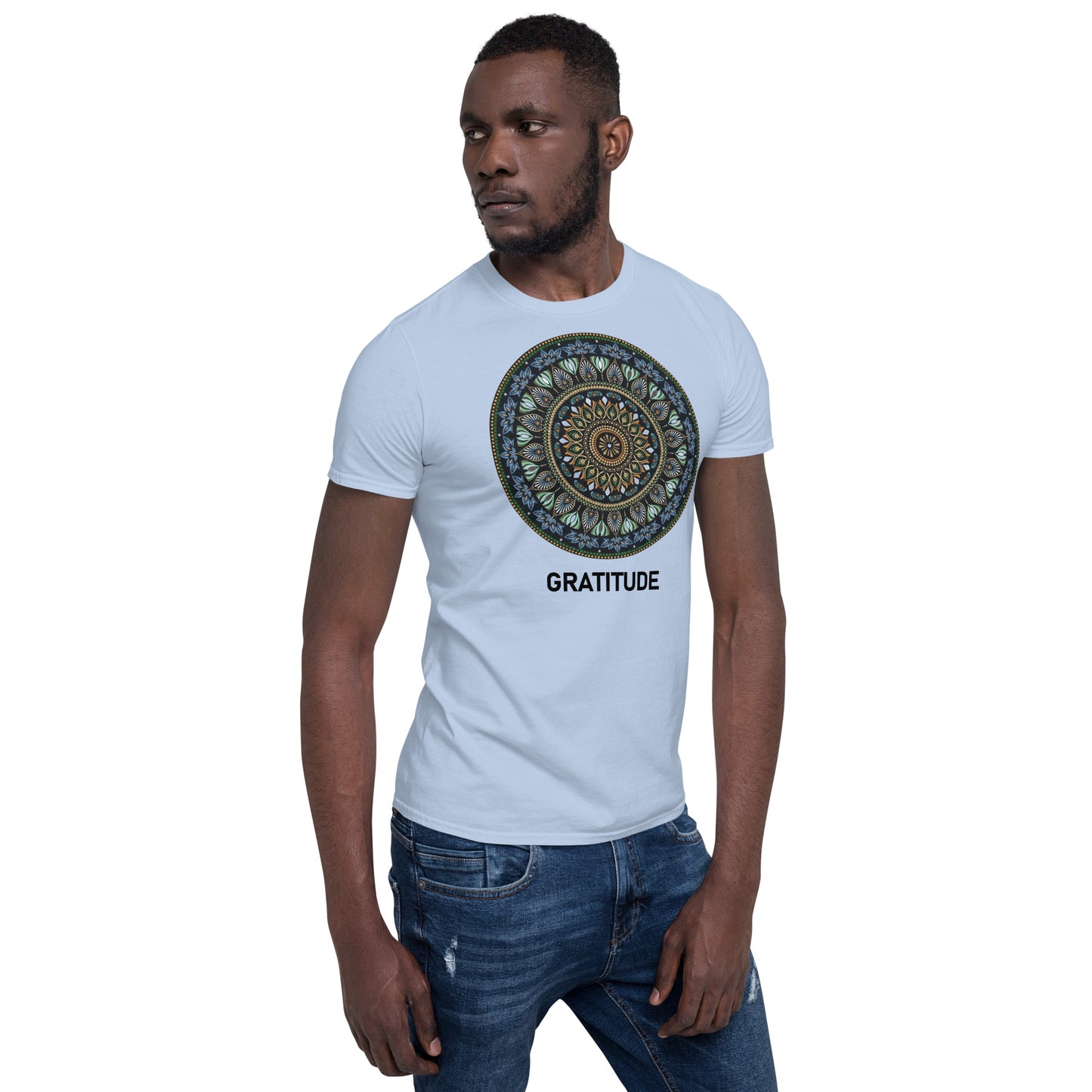 Unisex Softstyle T-Shirt (mandala green and gold rim | on front | GRATITUDE in black lettering)