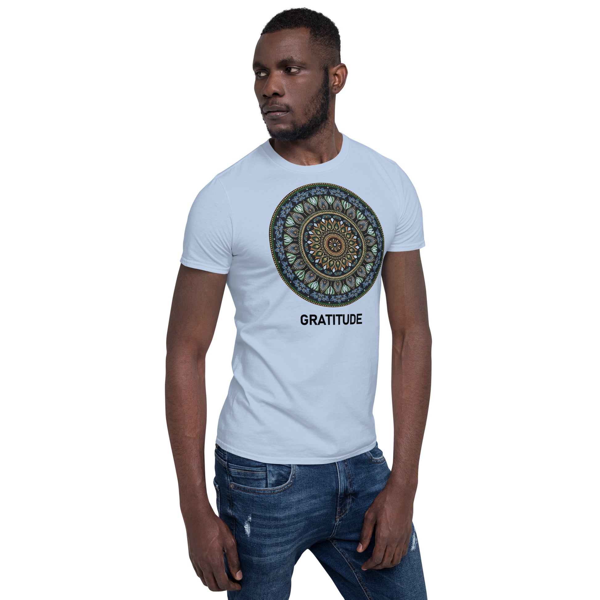 Unisex Softstyle T-Shirt (mandala green and gold rim | on front | GRATITUDE in black lettering)