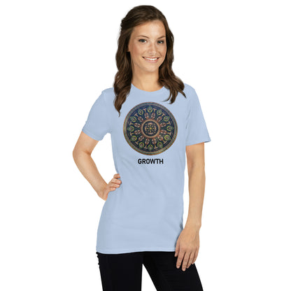 Unisex Softstyle T-Shirt (mandala with cross in the core | on front | GROWTH in black lettering)