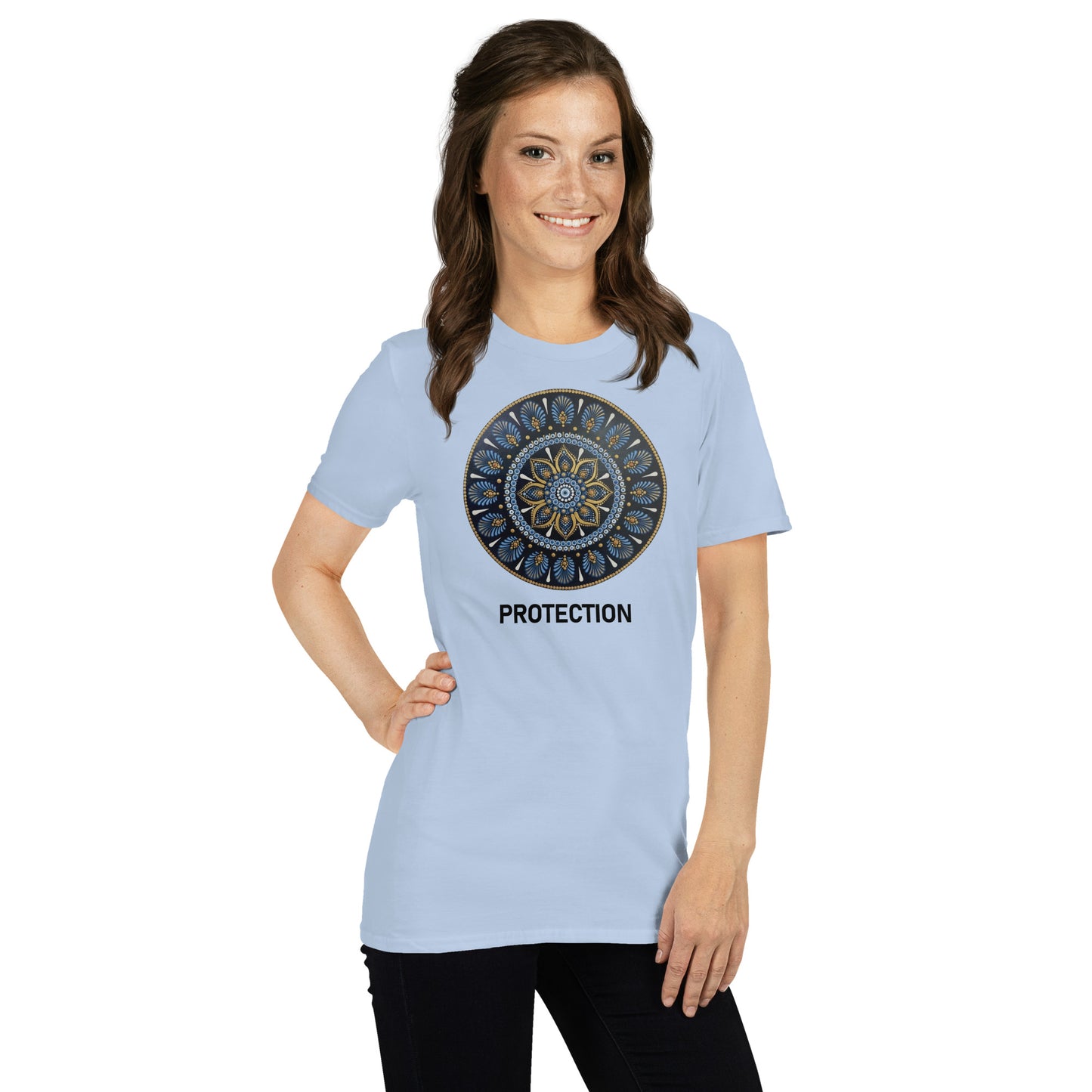 Unisex Softstyle T-Shirt (mandala with gold outer rim | on front | PROTECTION in black lettering)