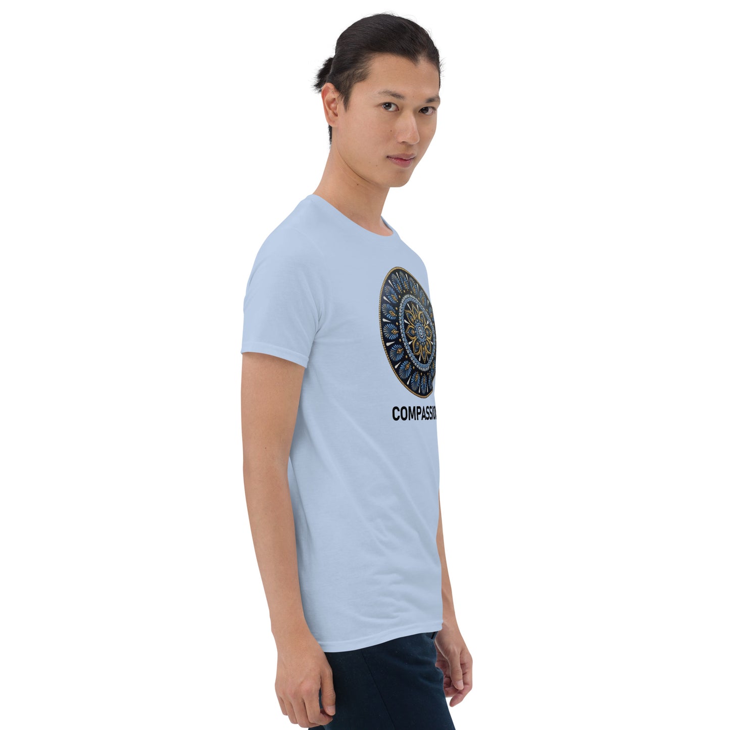 Unisex Softstyle T-Shirt (mandala with gold rim | on front | COMPASSION in black lettering)