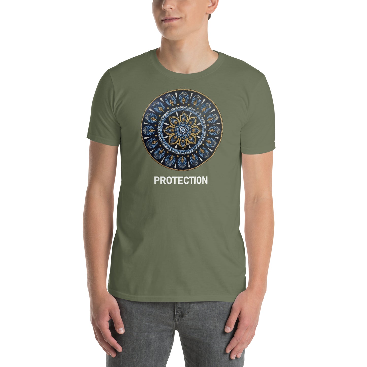 Unisex Softstyle T-Shirt (mandala with gold rim on front | PROTECTION in white lettering)