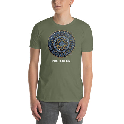 Unisex Softstyle T-Shirt (mandala with gold rim on front | PROTECTION in white lettering)