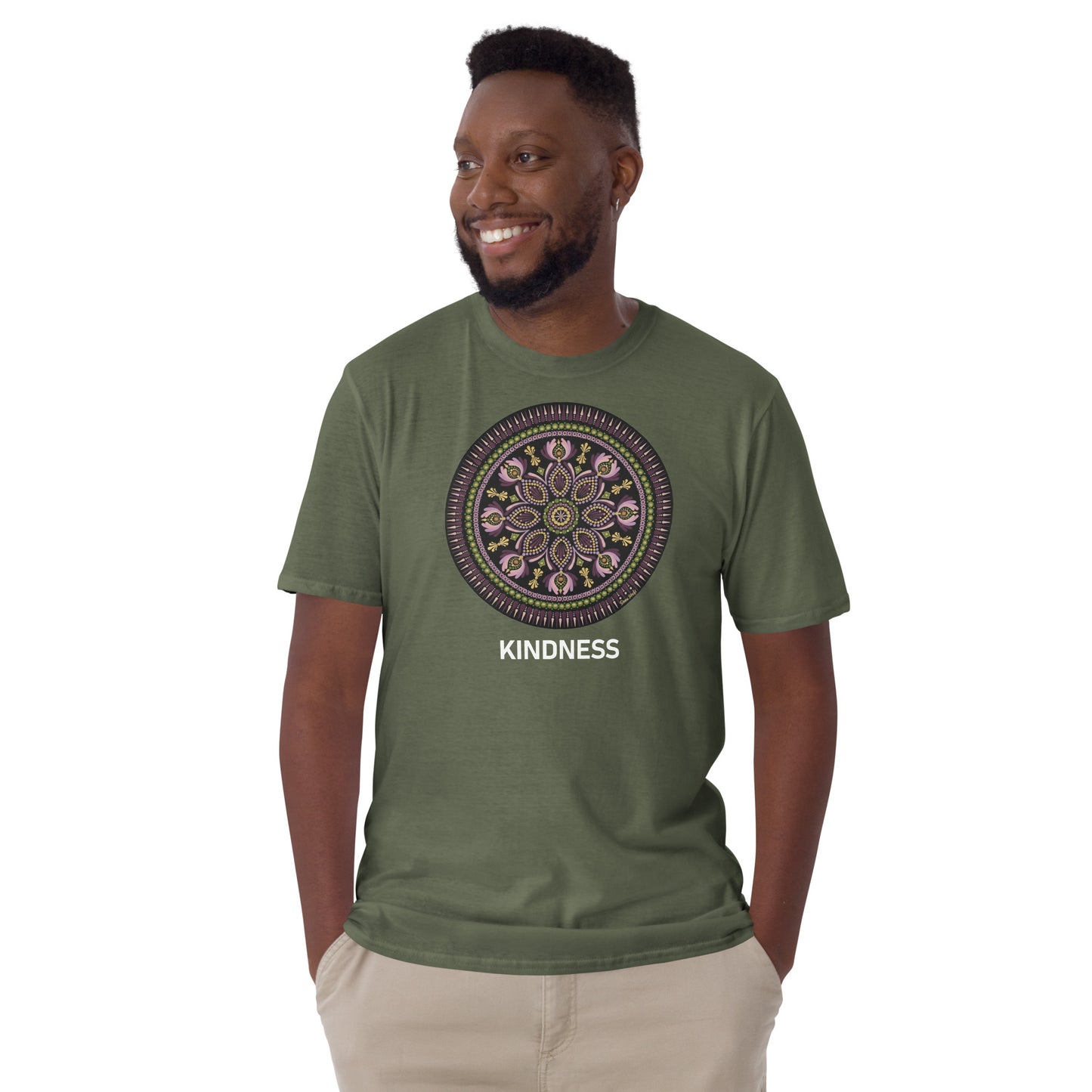 Unisex Softstyle T-Shirt (mandala with magenta rim on front | KINDNESS in white lettering)