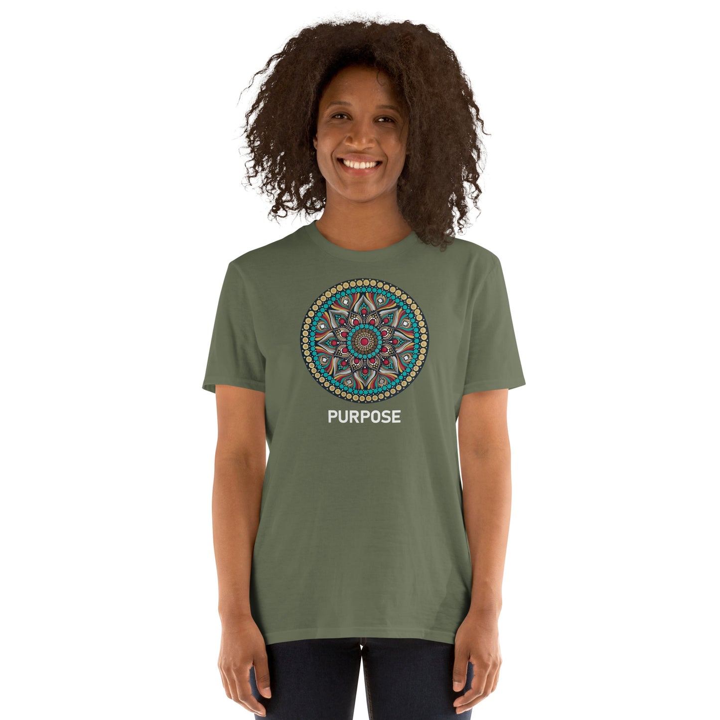 Unisex Softstyle T-Shirt (mandala with red core on front | PURPOSE in white lettering)