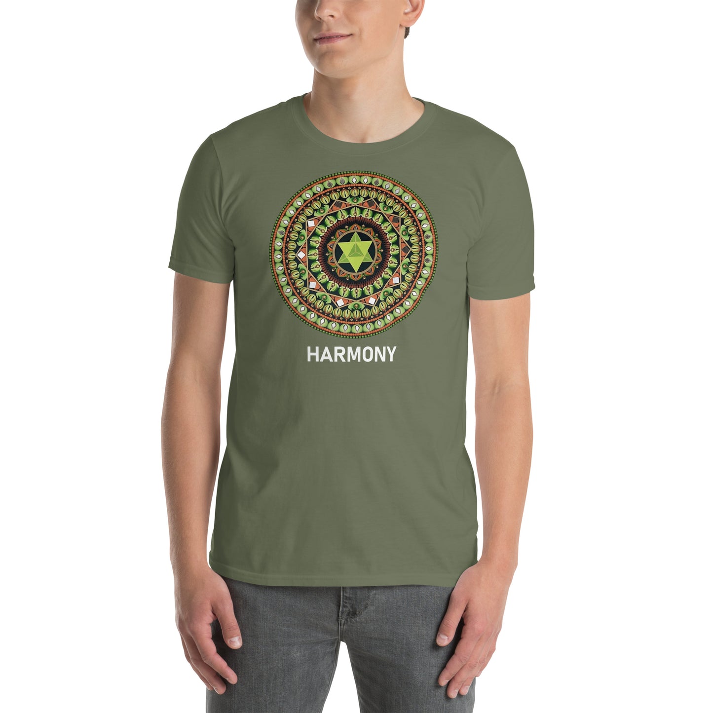 Unisex Softstyle T-Shirt (mandala with green star | on front | HARMONY in white lettering)