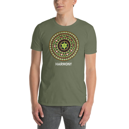 Unisex Softstyle T-Shirt (mandala with green star | on front | HARMONY in white lettering)