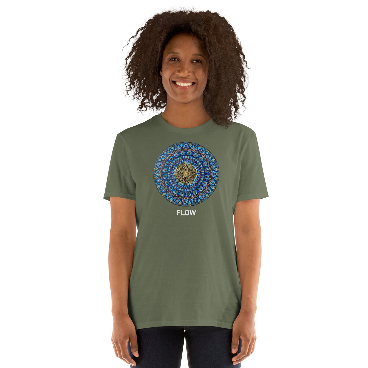 Unisex Softstyle T-Shirt (mandala with golden core | on front | FLOW in white lettering)