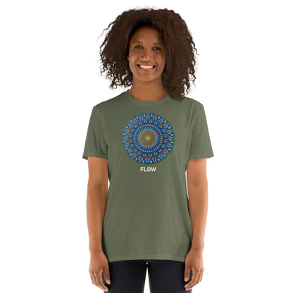Unisex Softstyle T-Shirt (mandala with golden core | on front | FLOW in white lettering)