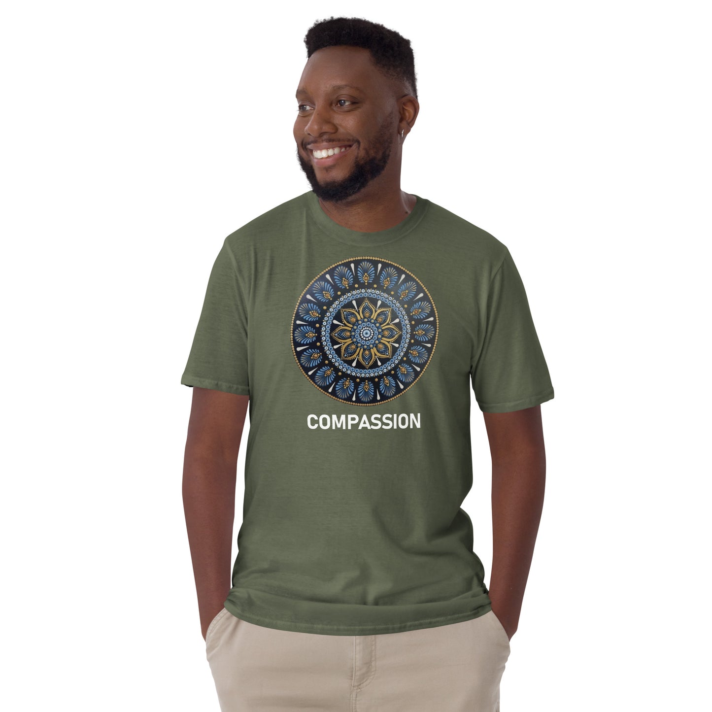 Unisex Softstyle T-Shirt (mandala with gold rim | on front | COMPASSION in white lettering)