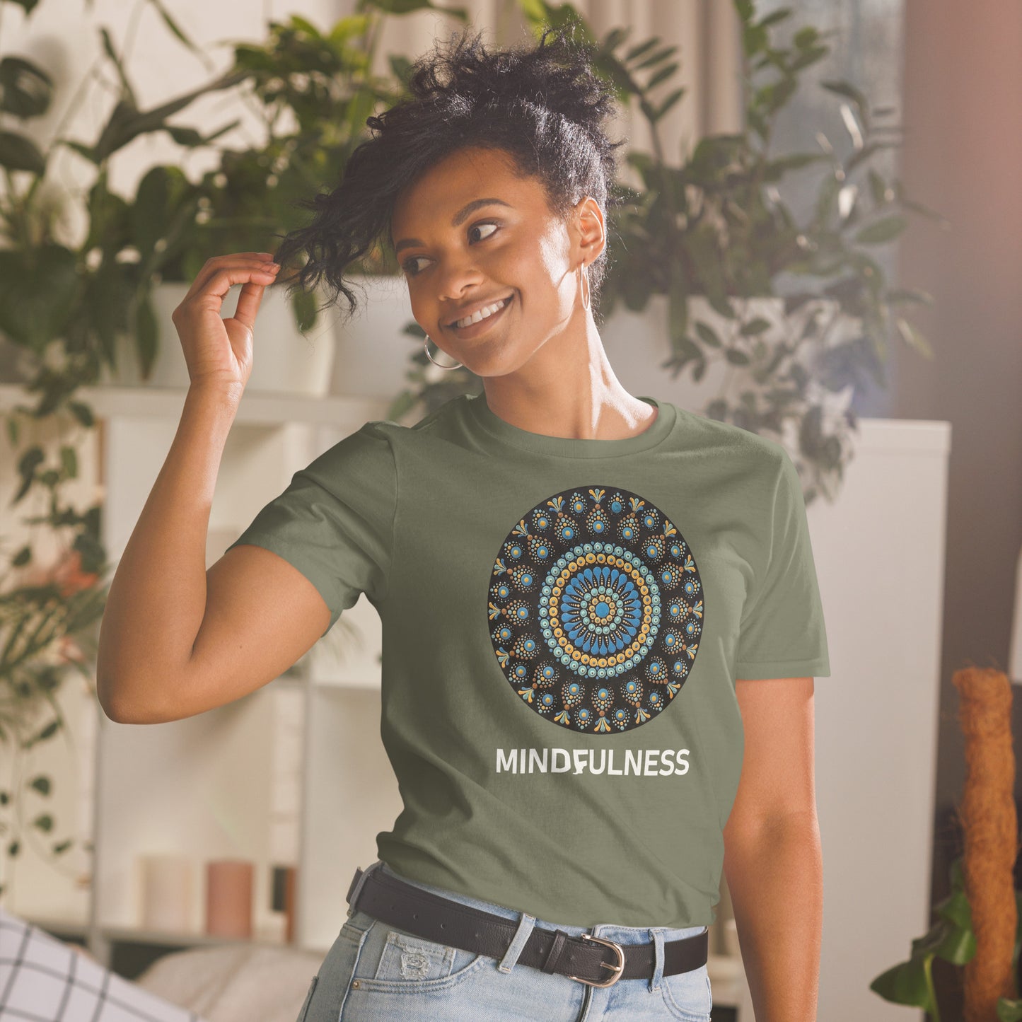 Unisex Softstyle T-Shirt (mandala with blue dots and black back | on front | MINDFULNESS in white lettering)