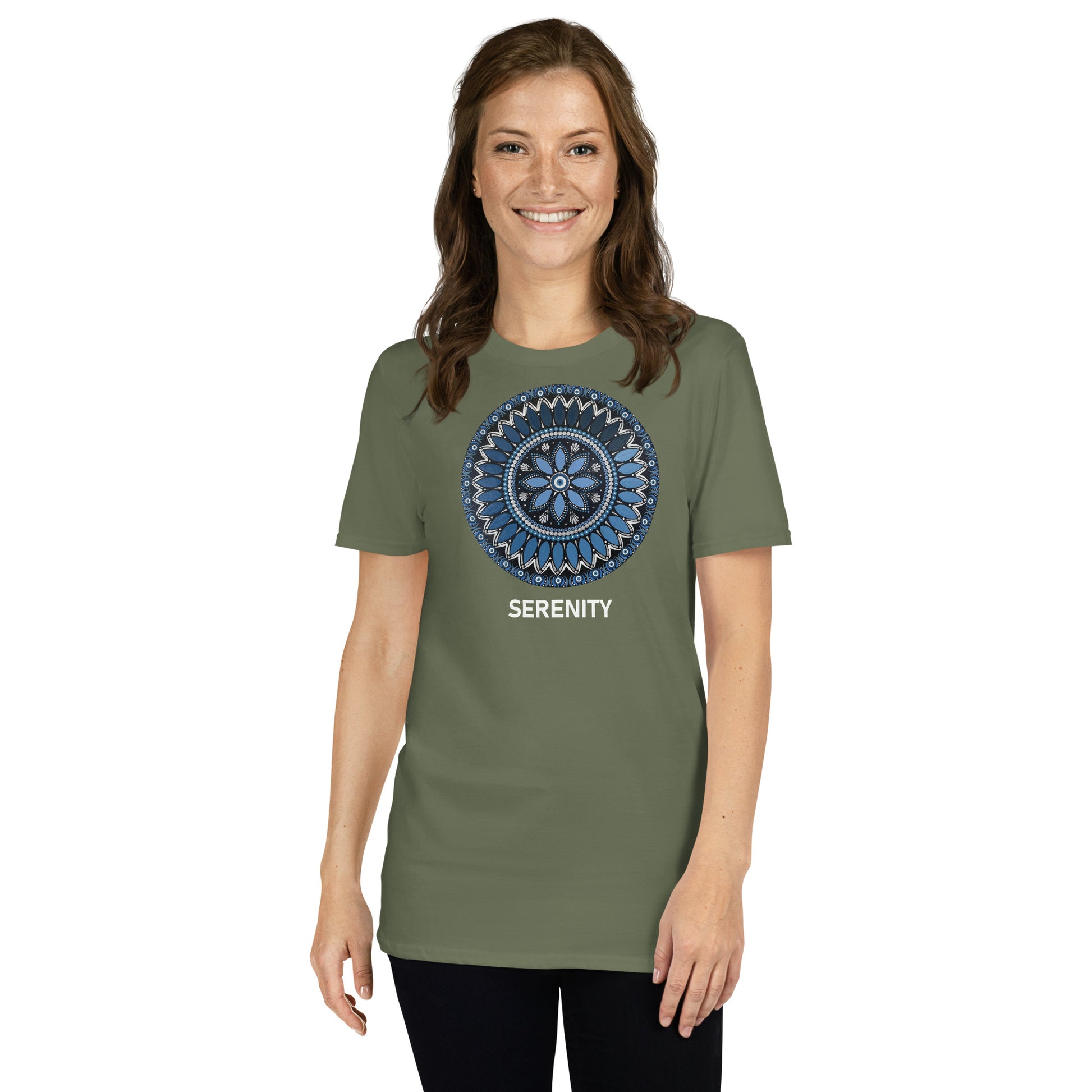 Unisex Softstyle T-Shirt (mandala with blue and white core | on front | SERENITY in white lettering)