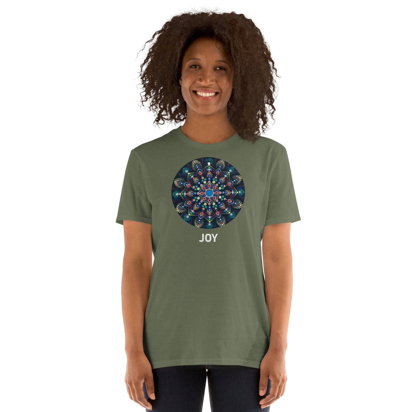 Unisex Softstyle T-Shirt (mandala with colorful dots | on front | JOY in white lettering)