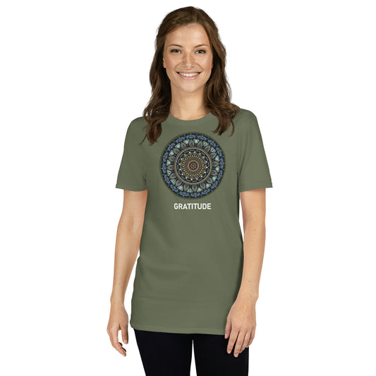 Unisex Softstyle T-Shirt (mandala green and gold rim | on front | GRATITUDE in white lettering)