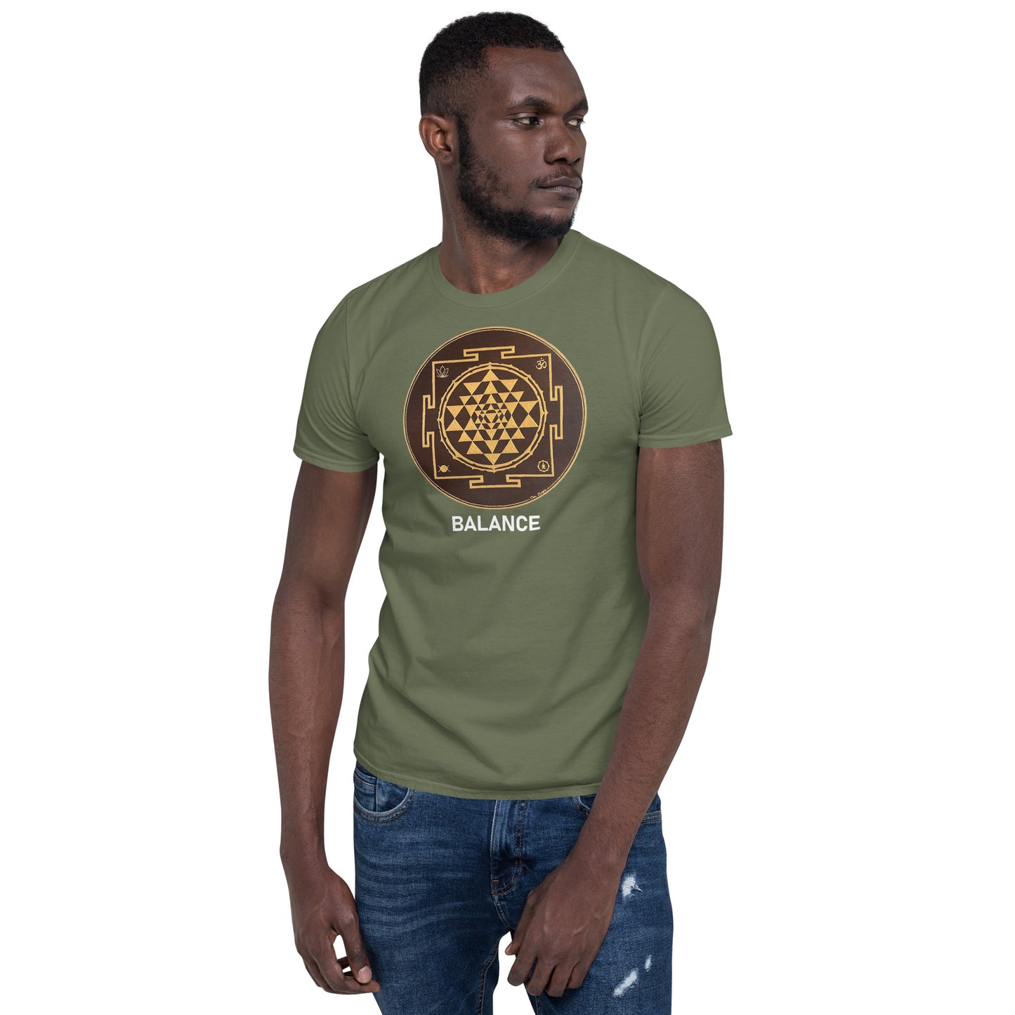 Unisex Softstyle T-Shirt (brown and gold mandala | on front | BALANCE in white lettering)