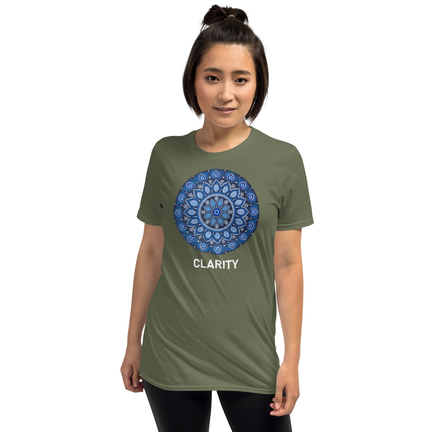 Unisex Softstyle T-Shirt (all blue mandala | on front | CLARITY in white lettering)