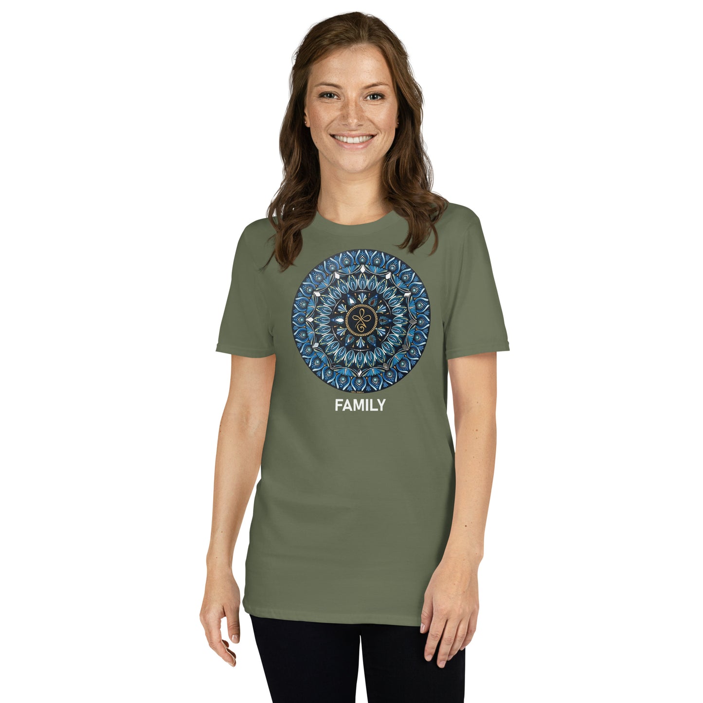 Unisex Softstyle T-Shirt (mandala with 3 loops in core | on front | FAMILY in white lettering)