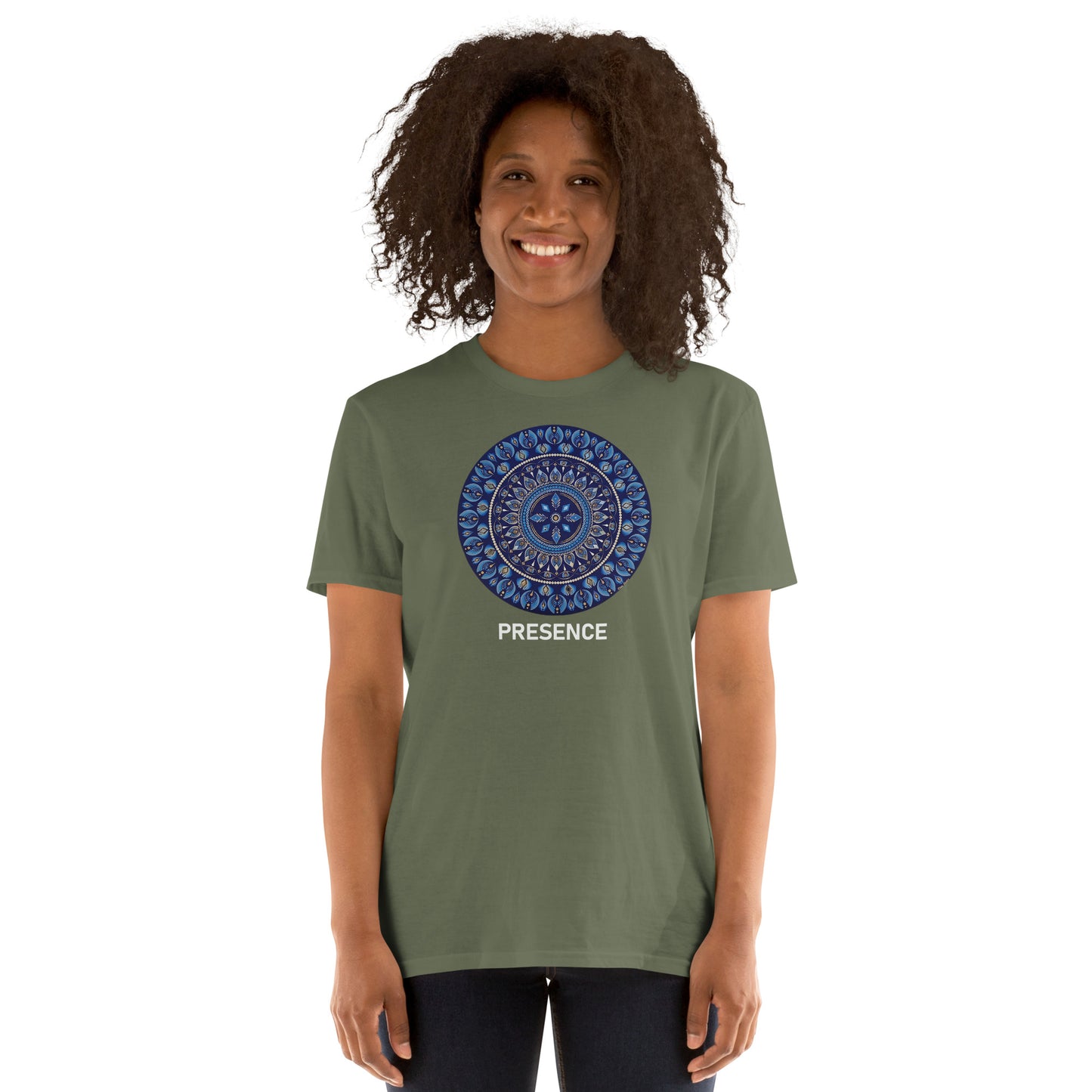 Unisex Softstyle T-Shirt (mandala with 4 diamonds | on front | PRESENCE in white lettering)