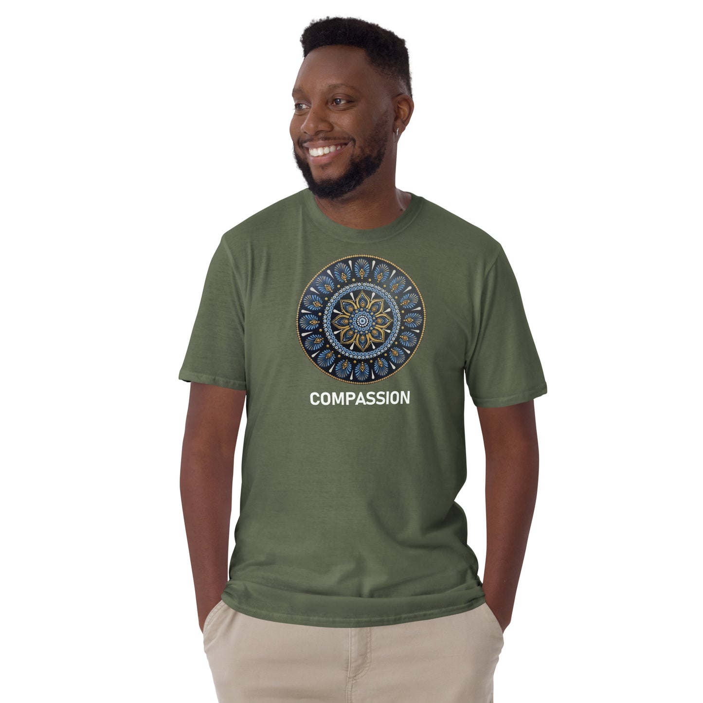 Unisex Softstyle T-Shirt (mandala with gold rim | on front | COMPASSION in white lettering)