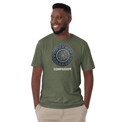 Unisex Softstyle T-Shirt (mandala with gold rim | on front | COMPASSION in white lettering)