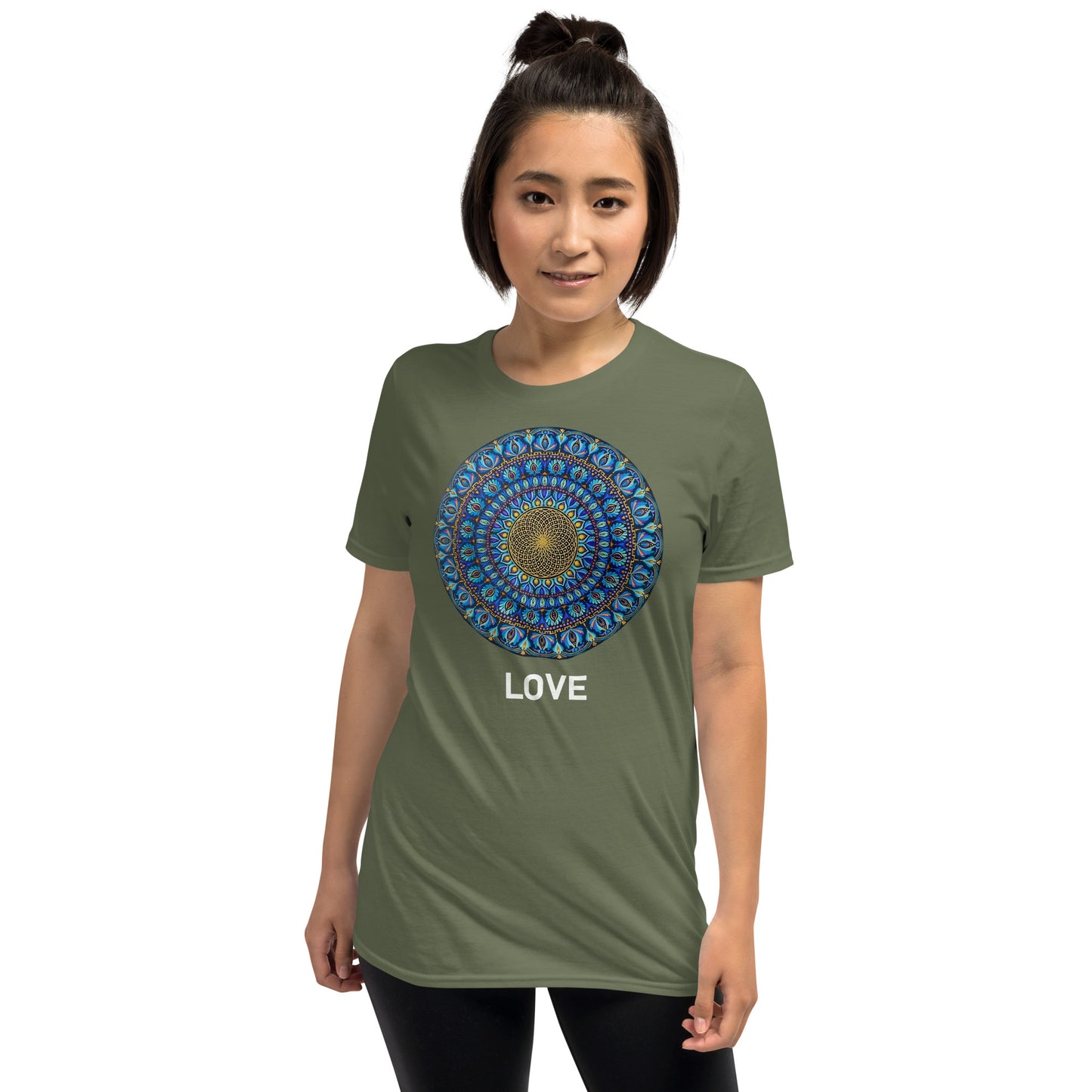 Unisex Softstyle T-Shirt (mandala with golden core | on front | LOVE in white lettering)