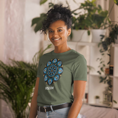 Unisex Softstyle T-Shirt (mandala with spokes in core on front | WISDOM in white lettering)