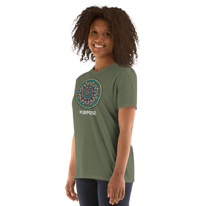 Unisex Softstyle T-Shirt (mandala with red core on front | PURPOSE in white lettering)