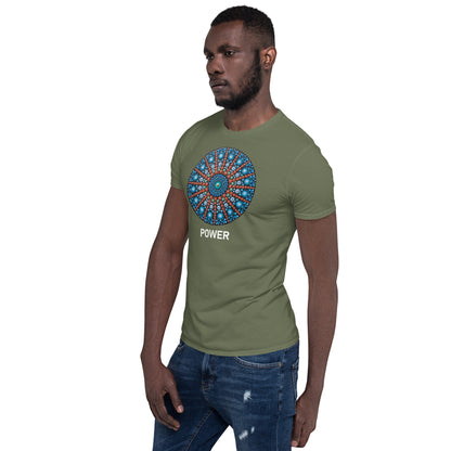 Unisex Softstyle T-Shirt (mandala with red lines | on front | POWER in white lettering)