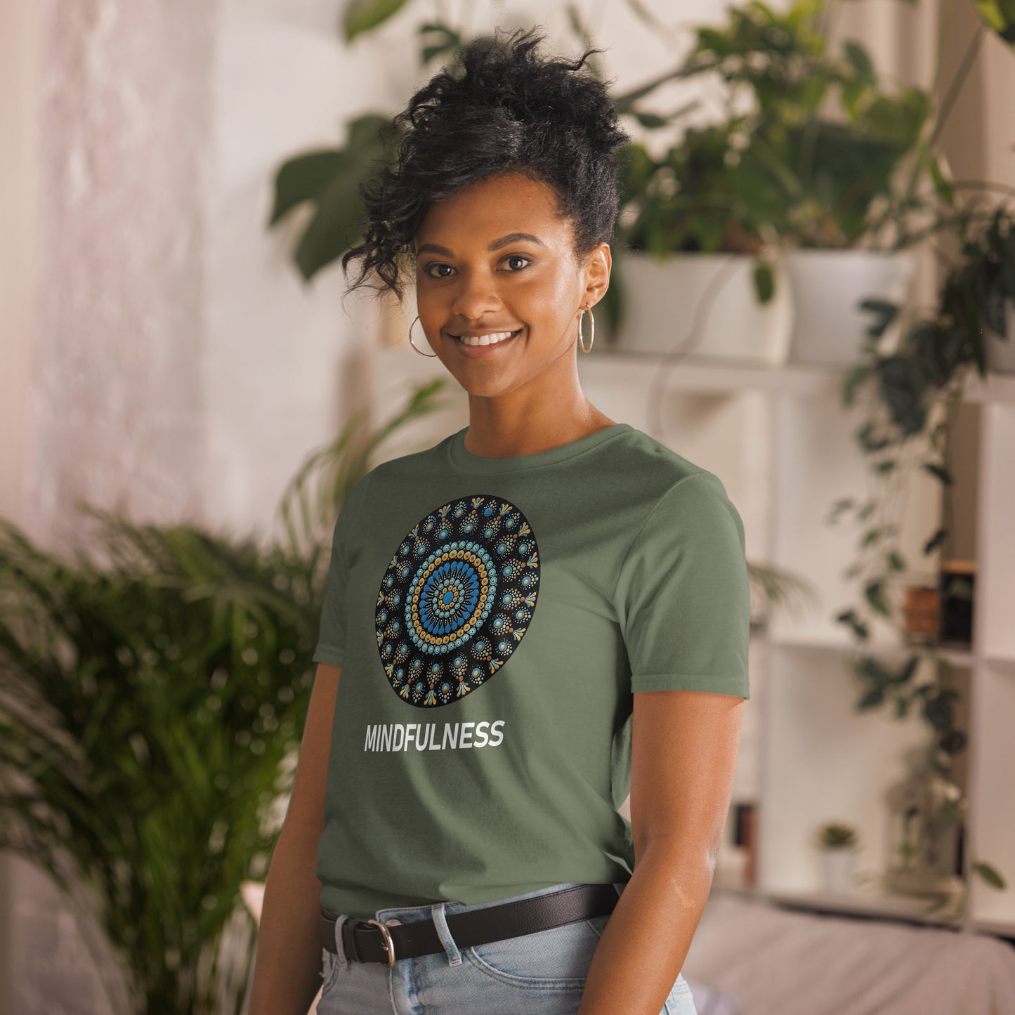 Unisex Softstyle T-Shirt (mandala with blue dots and black back | on front | MINDFULNESS in white lettering)