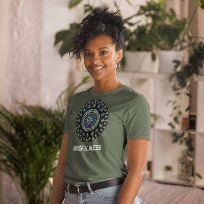 Unisex Softstyle T-Shirt (mandala with blue dots and black back | on front | MINDFULNESS in white lettering)