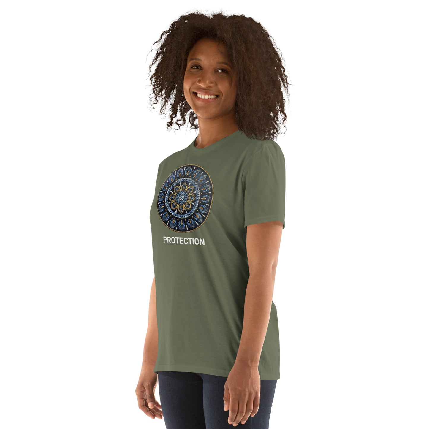 Unisex Softstyle T-Shirt (mandala with gold rim | on front | PROTECTION in white lettering)