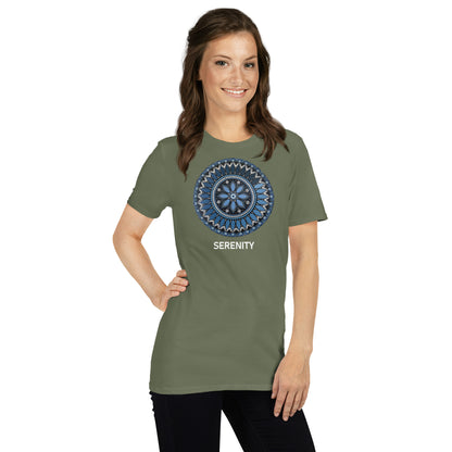 Unisex Softstyle T-Shirt (mandala with blue and white core | on front | SERENITY in white lettering)