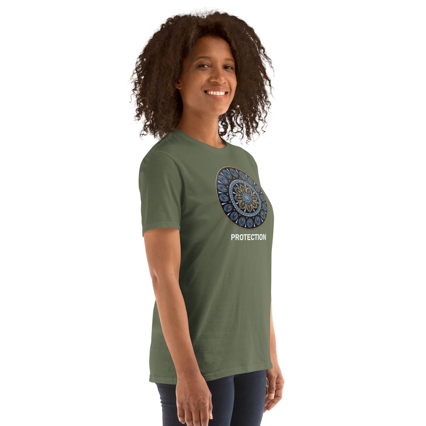 Unisex Softstyle T-Shirt (mandala with gold rim | on front | PROTECTION in white lettering)