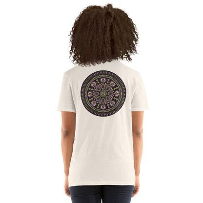 Unisex Softstyle T-Shirt (mandala with magenta rim on back | KINDNESS in black lettering on front)