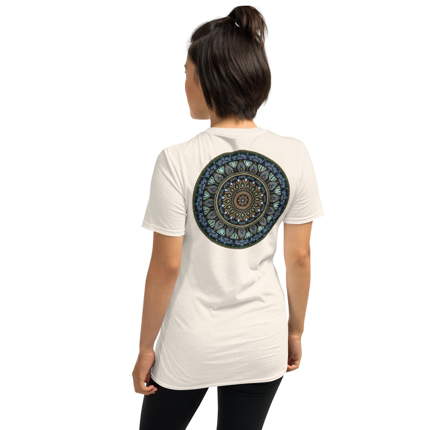 Unisex Softstyle T-Shirt (mandala green and gold rim on back | GRATITUDE in black lettering on front)
