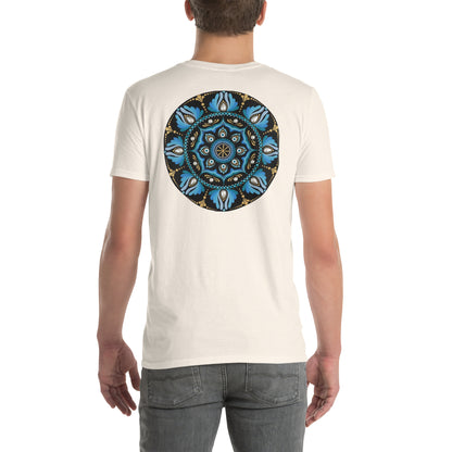 Unisex Softstyle T-Shirt (mandala with spokes in core on back | WISDOM in black lettering on front)