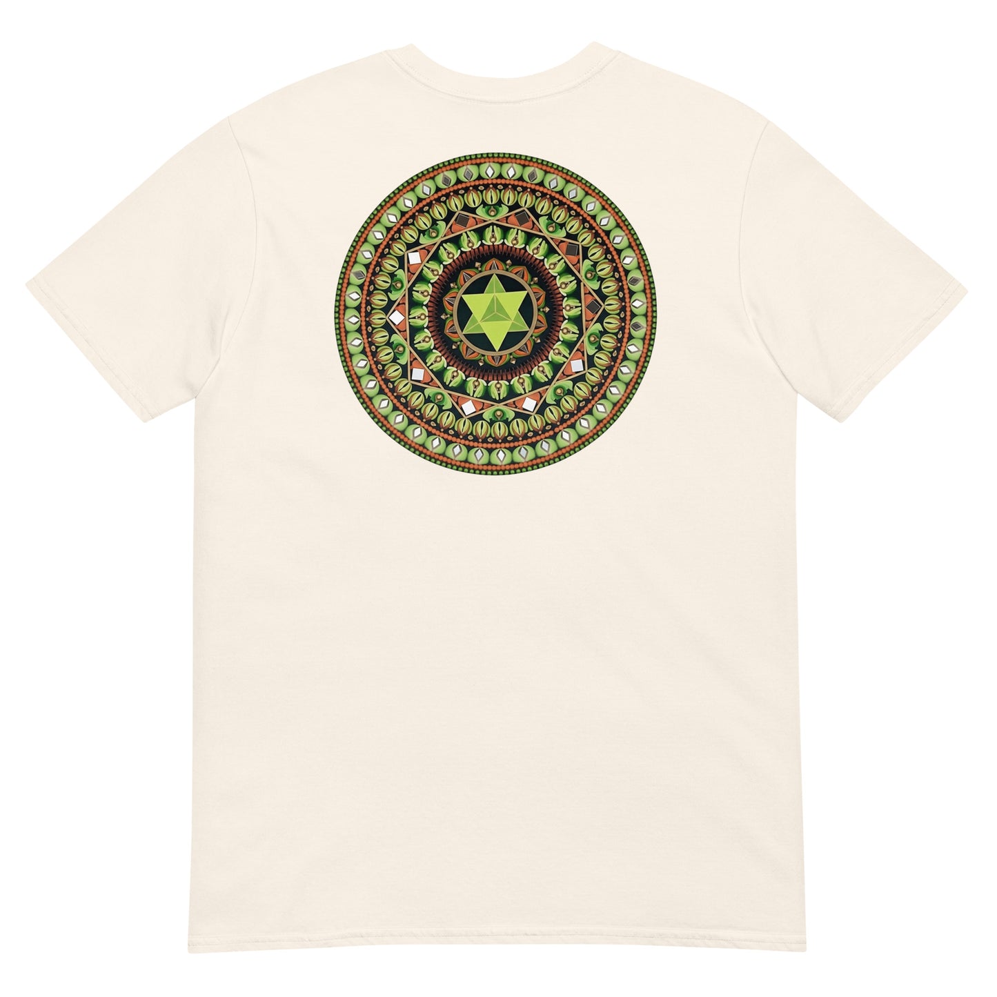 Unisex Softstyle T-Shirt (mandala with green star on back | HARMONY in black lettering on front)