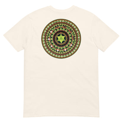 Unisex Softstyle T-Shirt (mandala with green star on back | HARMONY in black lettering on front)
