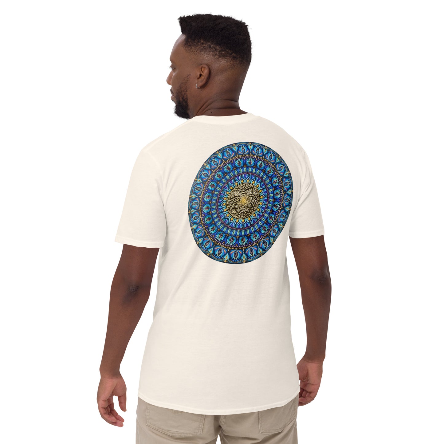 Unisex Softstyle T-Shirt (mandala with golden core on back | FLOW in black lettering on front)