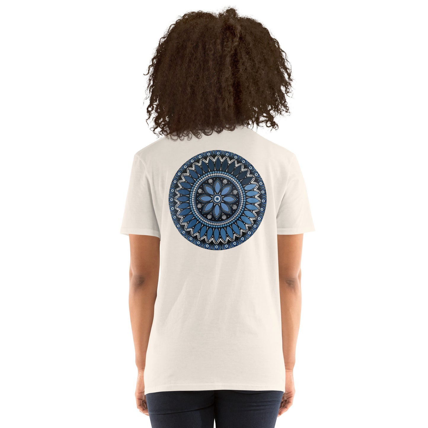 Unisex Softstyle T-Shirt (mandala with blue and white core on back | SERENITY in black lettering on front)