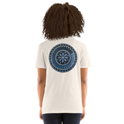 Unisex Softstyle T-Shirt (mandala with blue and white core on back | SERENITY in black lettering on front)