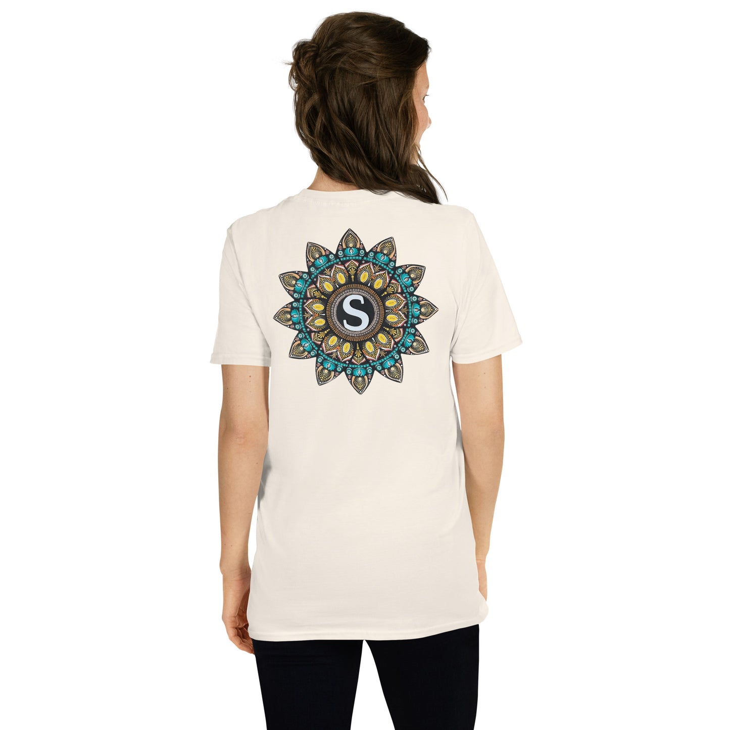 Unisex Softstyle T-Shirt (mandala with "S" in core on back | SHINE in black lettering on front)