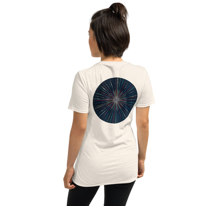 Unisex Softstyle T-Shirt (mandala with streams of light on back | EXPANSION in black lettering on front)