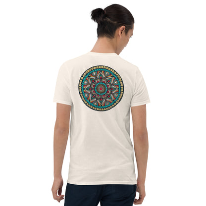 Unisex Softstyle T-Shirt (mandala with red core on back | PURPOSE in black lettering on front)