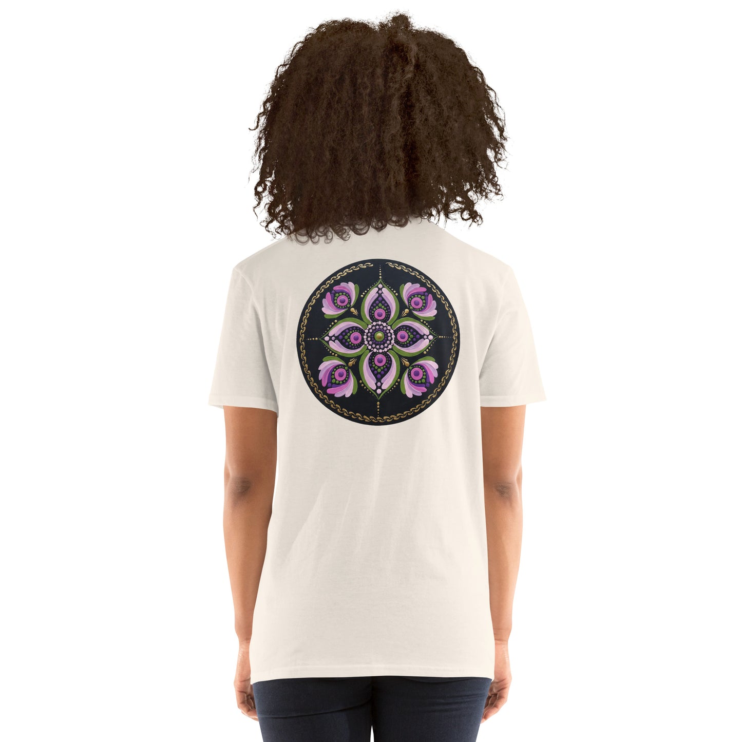 Unisex Softstyle T-Shirt (mandala with purple petals on back | GRACE in black lettering on front)