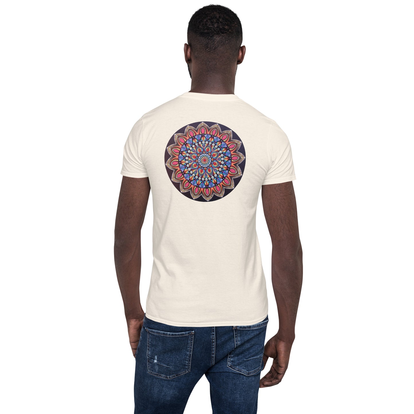 Unisex Softstyle T-Shirt (mandala with pink petals on back | VITALITY in black lettering on front)