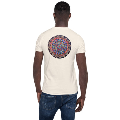 Unisex Softstyle T-Shirt (mandala with pink petals on back | VITALITY in black lettering on front)